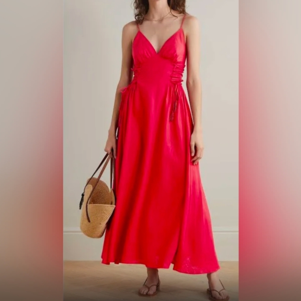 Farm rio Linen-Blend Lace-Up adjustable Midi-Dress red sz XL BNWT - Picture 7 of 7